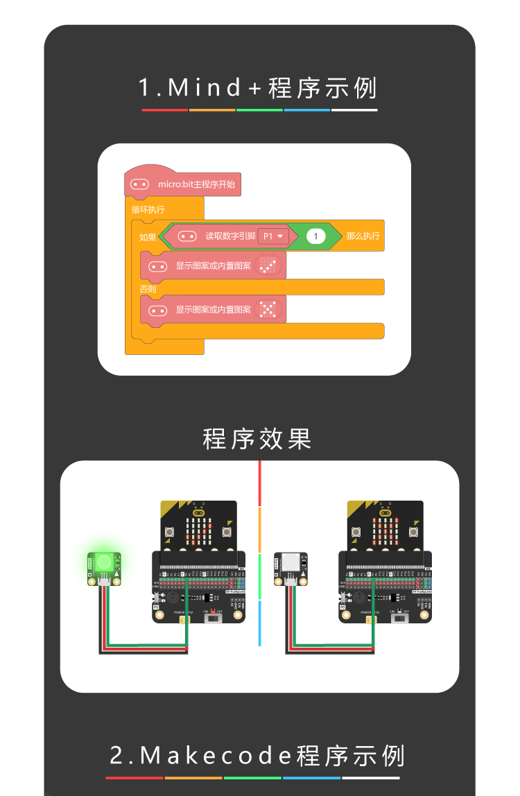 Gravity: 带LED灯的数字按键5色套装 Mind+程序示例